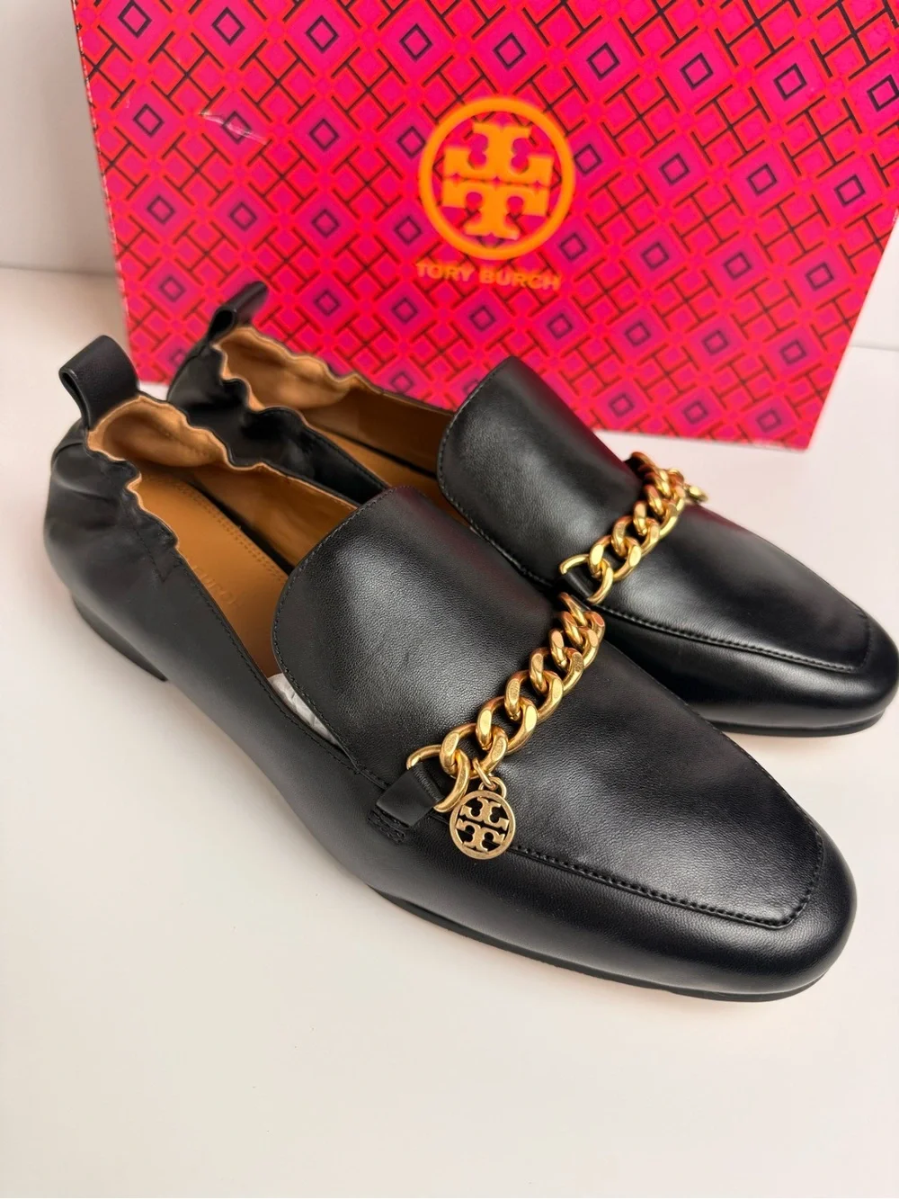Tory Burch Mini Benton Charm 20mm Loafers Black Calf Leather Gold Chain 8 & 8.5